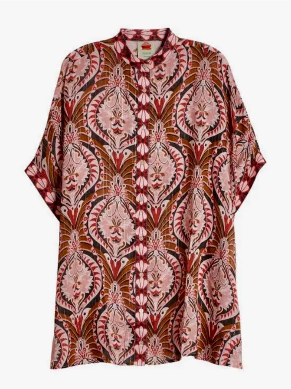 EUC FARM RIO Pink Pineapple Jewelry Maxi Shirt Metallic Thread L Pink/Red/Brown